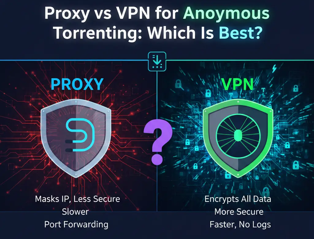 Proxy or VPN for anonymous torrenting — comparison graphic showing a VPN tunnel vs SOCKS5 proxy for a torrent client (OkkProxy).