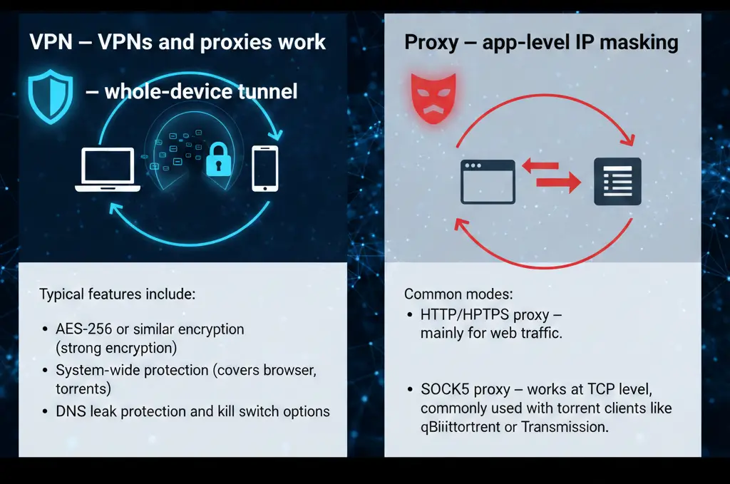 Diagram explaining how a proxy and a VPN work to mask IP addresses and route traffic (proxy vs VPN, SOCKS5, HTTP, encryption, kill switch)