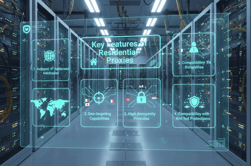 Key features of residential proxies including authentic IP addresses, geo-targeting capabilities, high anonymity, and strong anti-bot compatibility.
