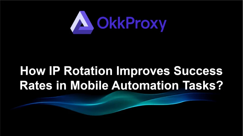 Illustration of IP rotation process in mobile automation tasks, featuring rotating proxies cycling through multiple IP addresses on smartphones and automation workflows.