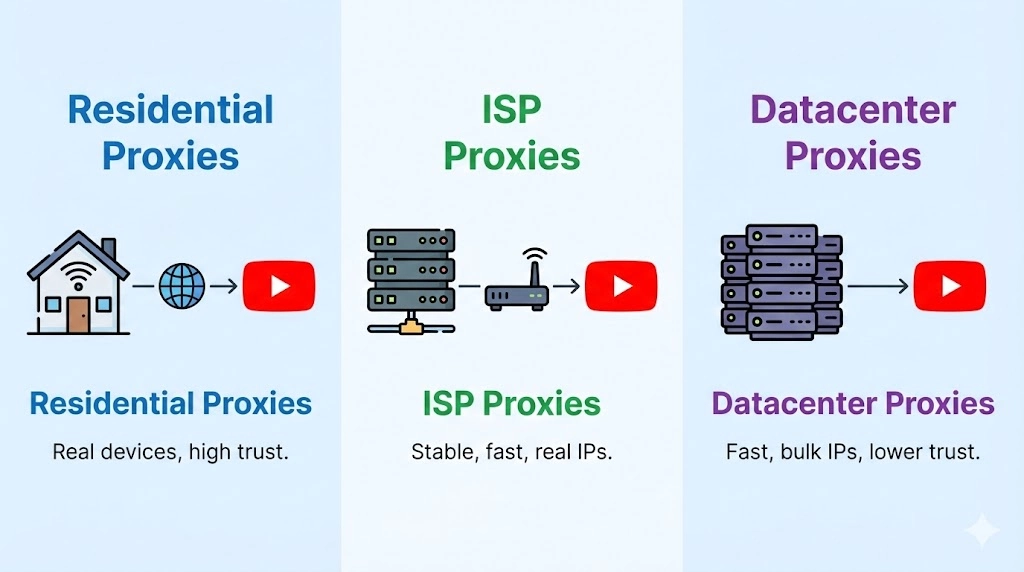 Infographic explaining how a YouTube proxy works with OKKProxy – routing traffic through proxy servers to bypass restrictions and access geo-blocked content Caption (Image Caption)