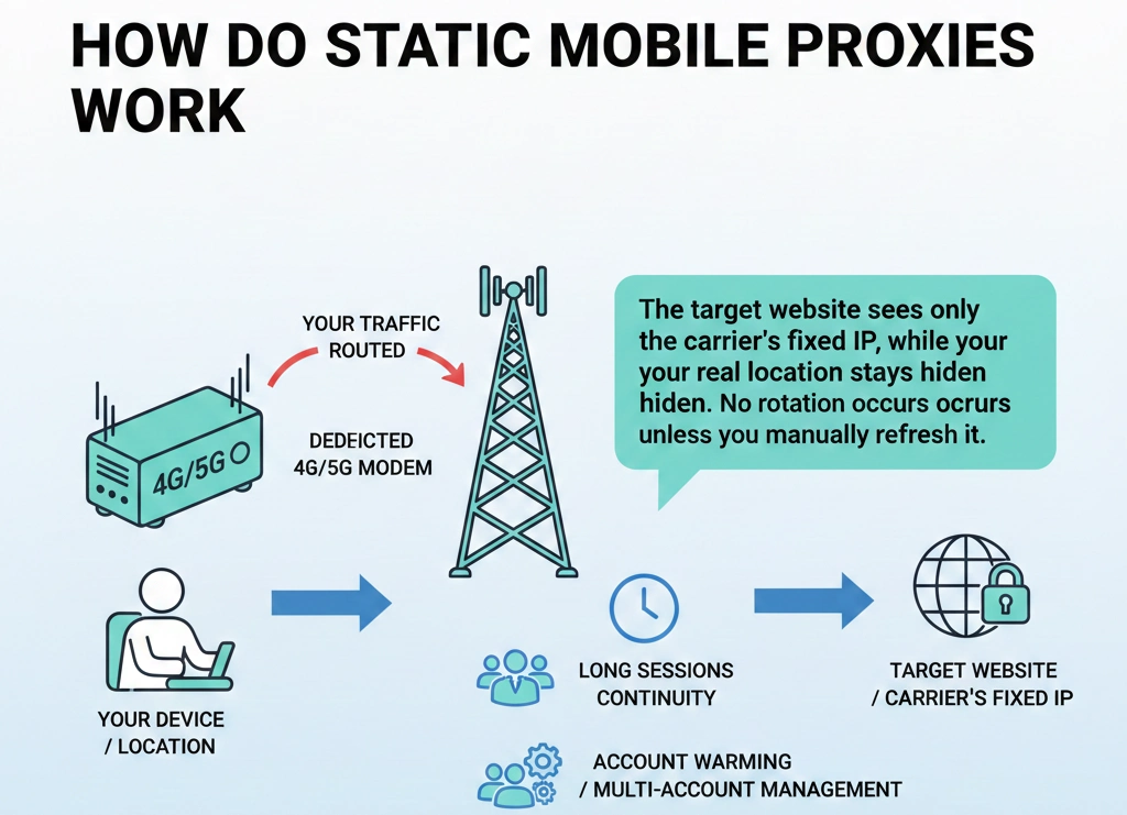 Static mobile proxies diagram showing how they work: user device routes traffic through fixed 4G/5G carrier IP to target website, guided by OkkProxy