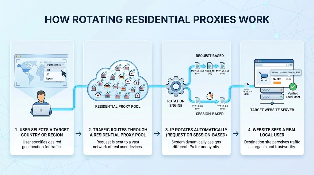 How rotating residential proxies work to access global shopping deals using real residential IPs