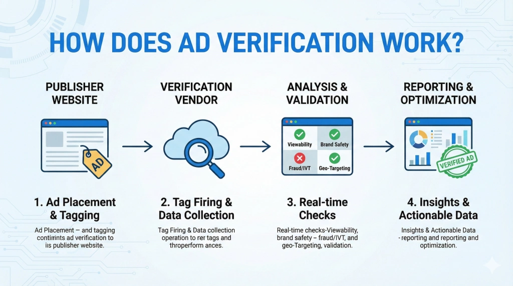 Ad verification process flowchart in programmatic advertising 2026