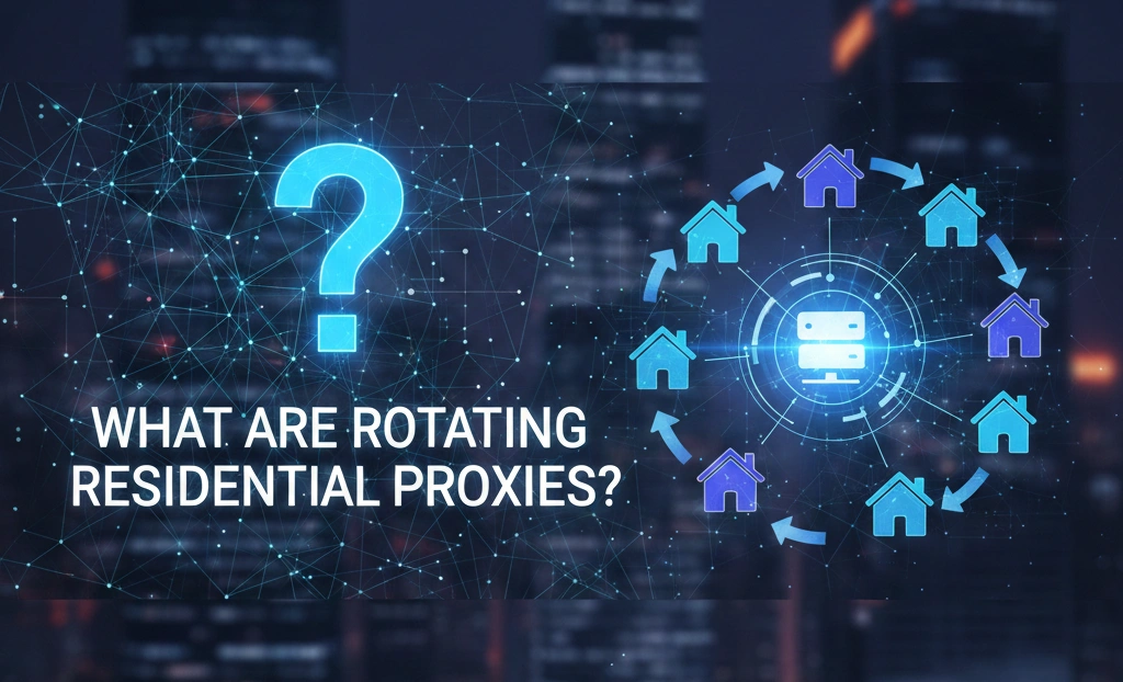 Rotating residential proxy diagram showing IP rotation process guided by OkkProxy