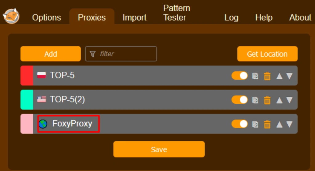 Screenshot demonstrating how to activate and configure FoxyProxy extension with OKKProxy settings for proxy usage