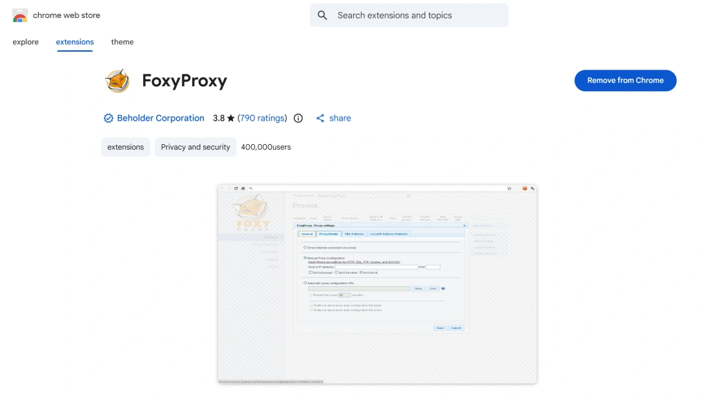 Screenshot showing the process of adding the FoxyProxy extension to Google Chrome from the Chrome Web Store.