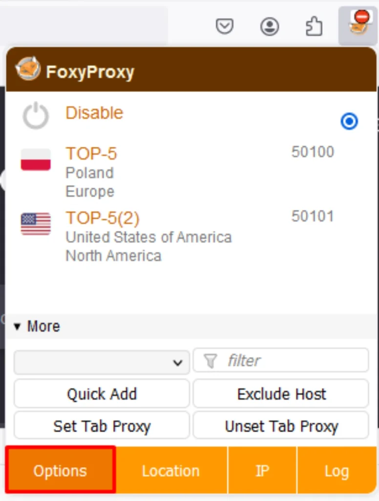 Screenshot of configuring FoxyProxy browser extension with OkkProxy IP address and port settings