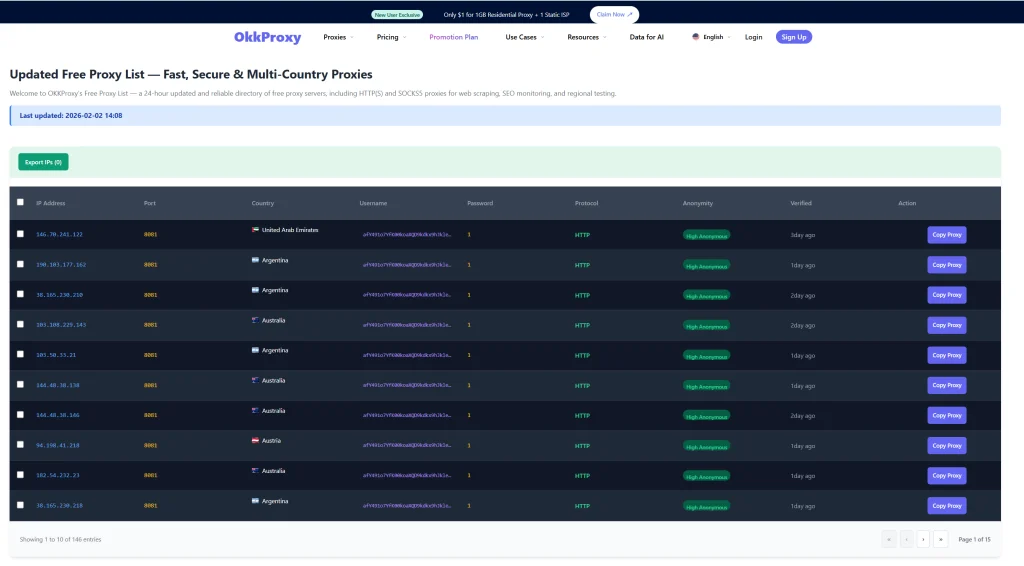 Updated OkkProxy free proxy list showing fast, secure multi-country proxy servers