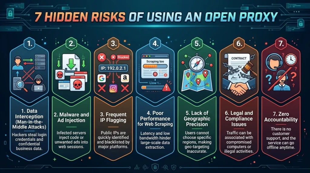 Illustration of cybersecurity risks associated with using open proxy servers