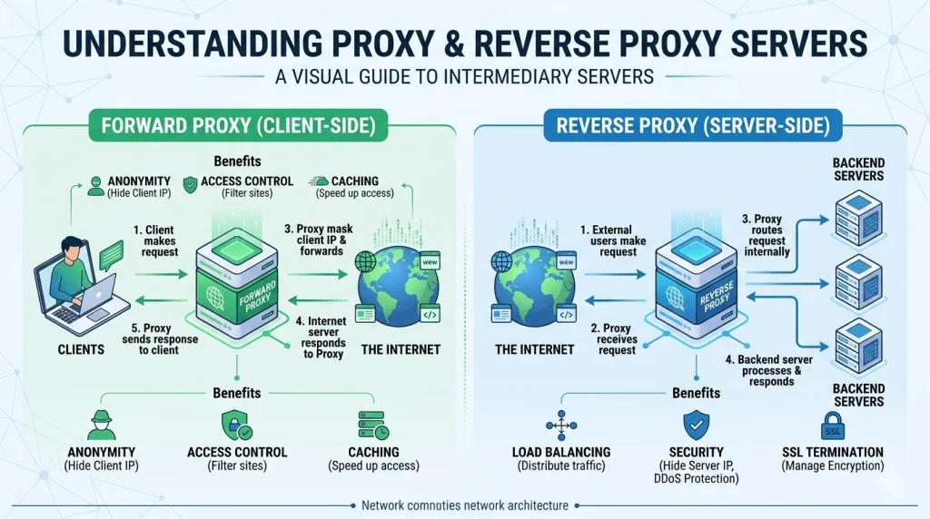 A technical diagram illustrating the difference between a forward proxy and a reverse proxy, with a client, proxy server, and origin server, guided by OKKProxy.