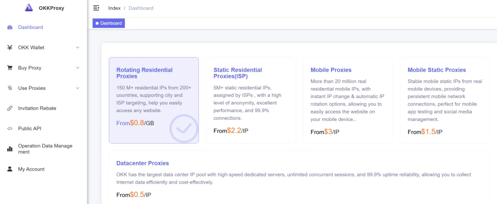 OKKProxy price plan comparison for residential, mobile, and static proxies.