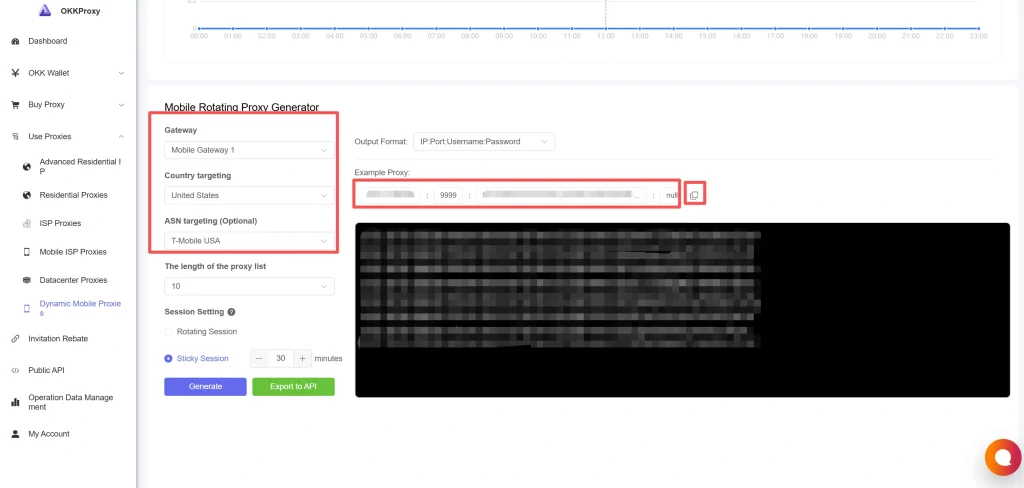 OKKProxy dashboard showing proxy IP and port list for Chromebook unblocking
