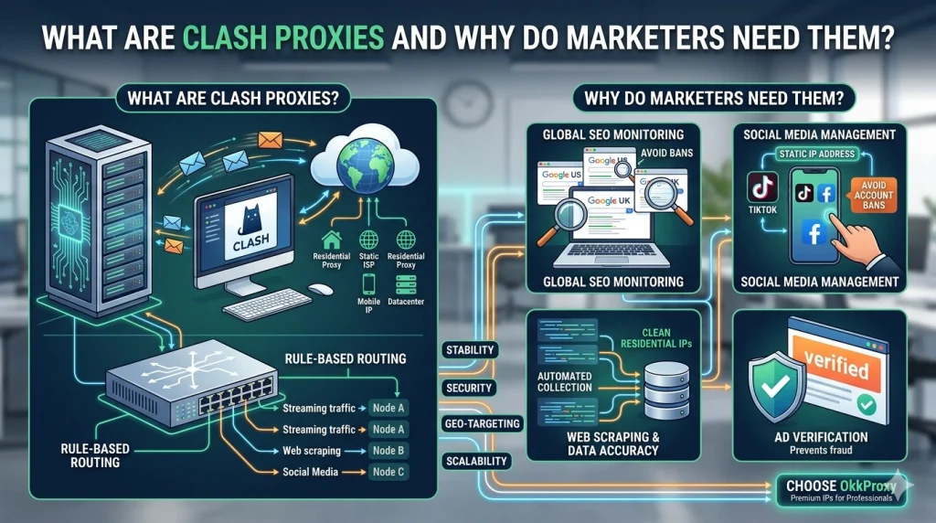 Clash proxies interface showing proxy settings and marketing analytics dashboard