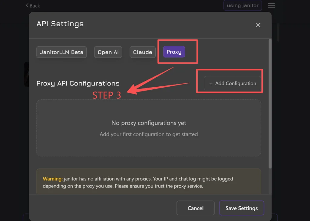 configure proxy on Janitor AI setup