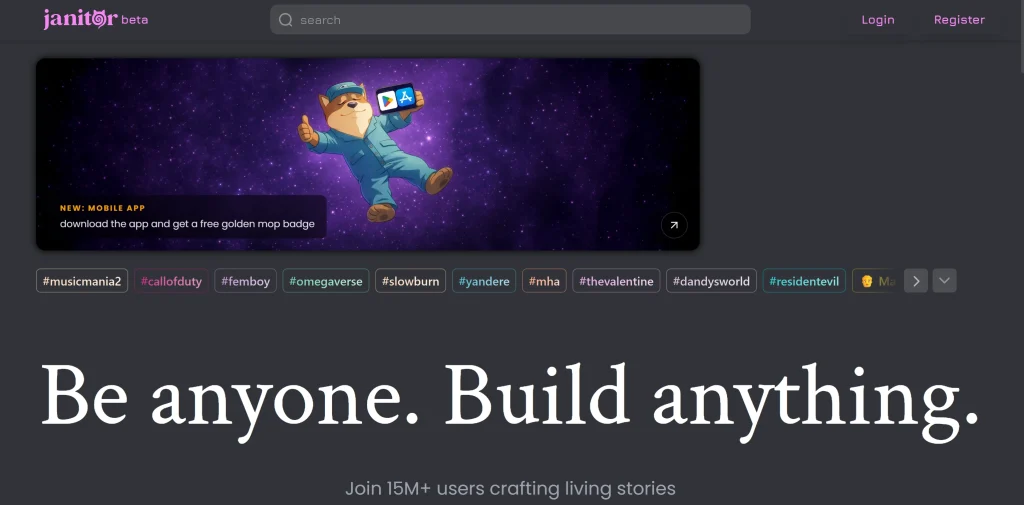 Janitor AI platform interface showing character chat and API features