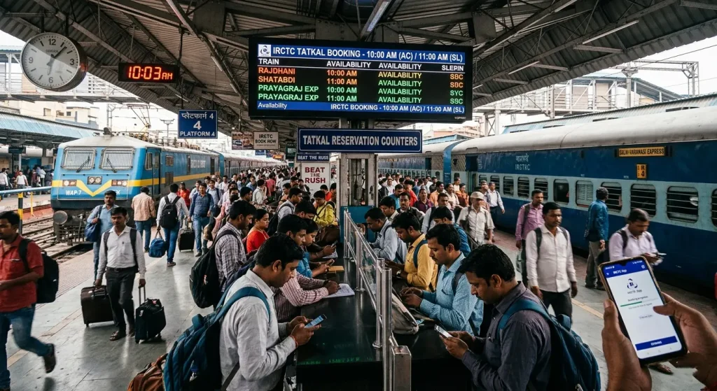 Step-by-step IRCTC ticket booking guide showing online train reservation process on website or app