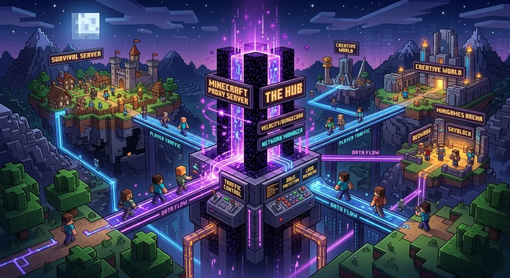 Minecraft proxy server network diagram showing player connections