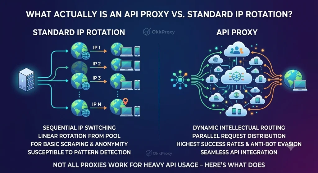 Okkproxy guide comparing API proxy and standard IP rotation for proxy management