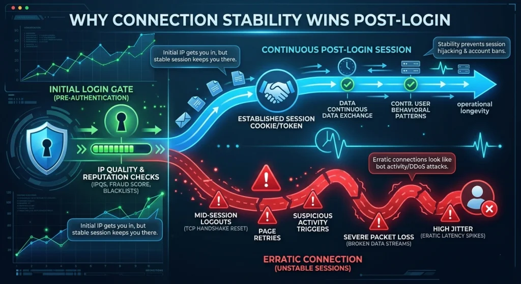 Okkproxy guide explaining why connection stability wins after login for proxy users