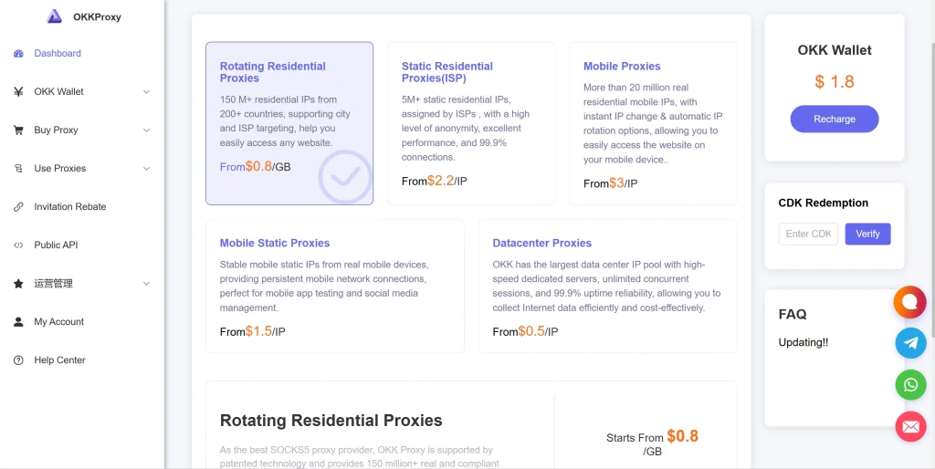 okkproxy rotating and static residential proxy types and pricing plans