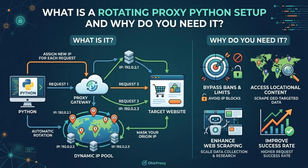 Okkproxy guide on what is a rotating proxy, how to set it up in Python, and why you need it for web scraping