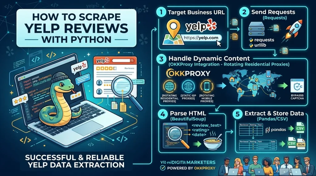 Okkproxy step-by-step guide on how to scrape Yelp reviews with Python using proxies