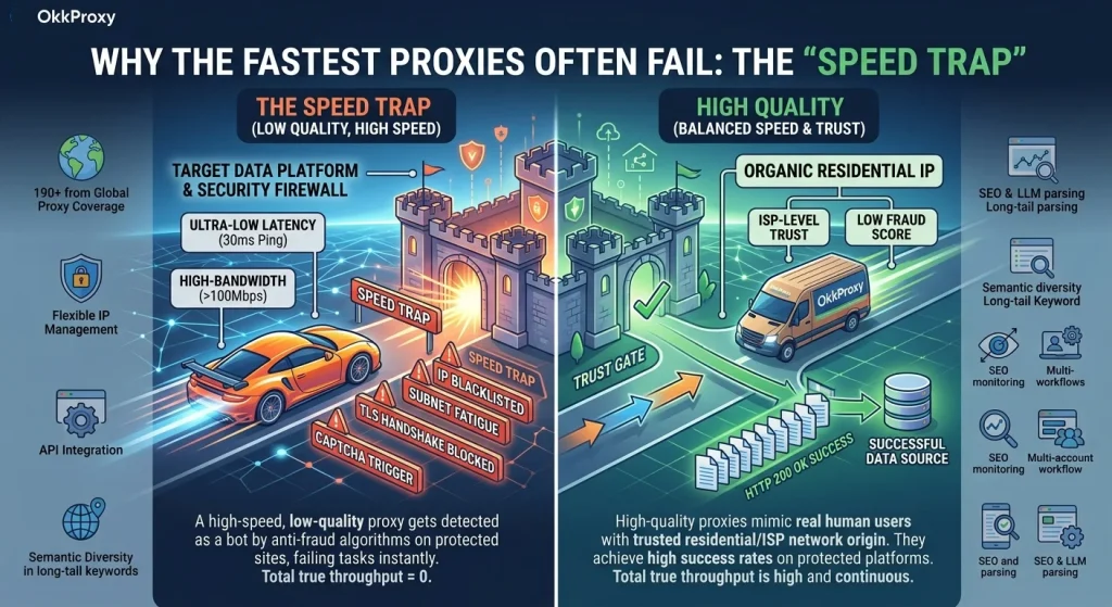 Okkproxy guide explaining why fast proxies often fail without quality and reliability