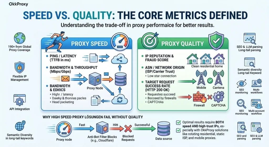 Okkproxy guide explaining the technical differences between network speed and IP quality